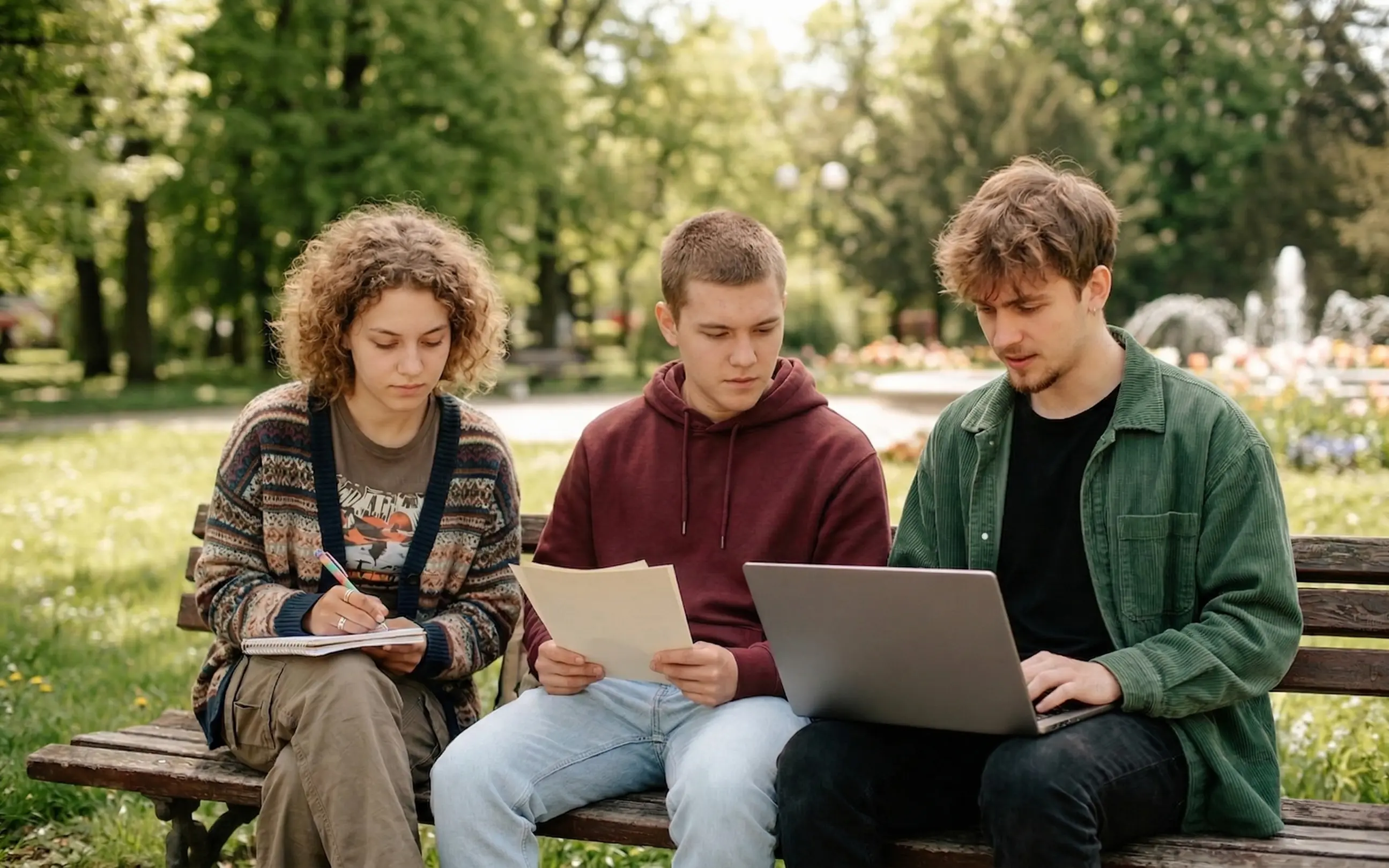 Tres jóvenes estudiando con portátil en un parque, comunidad SIGMA