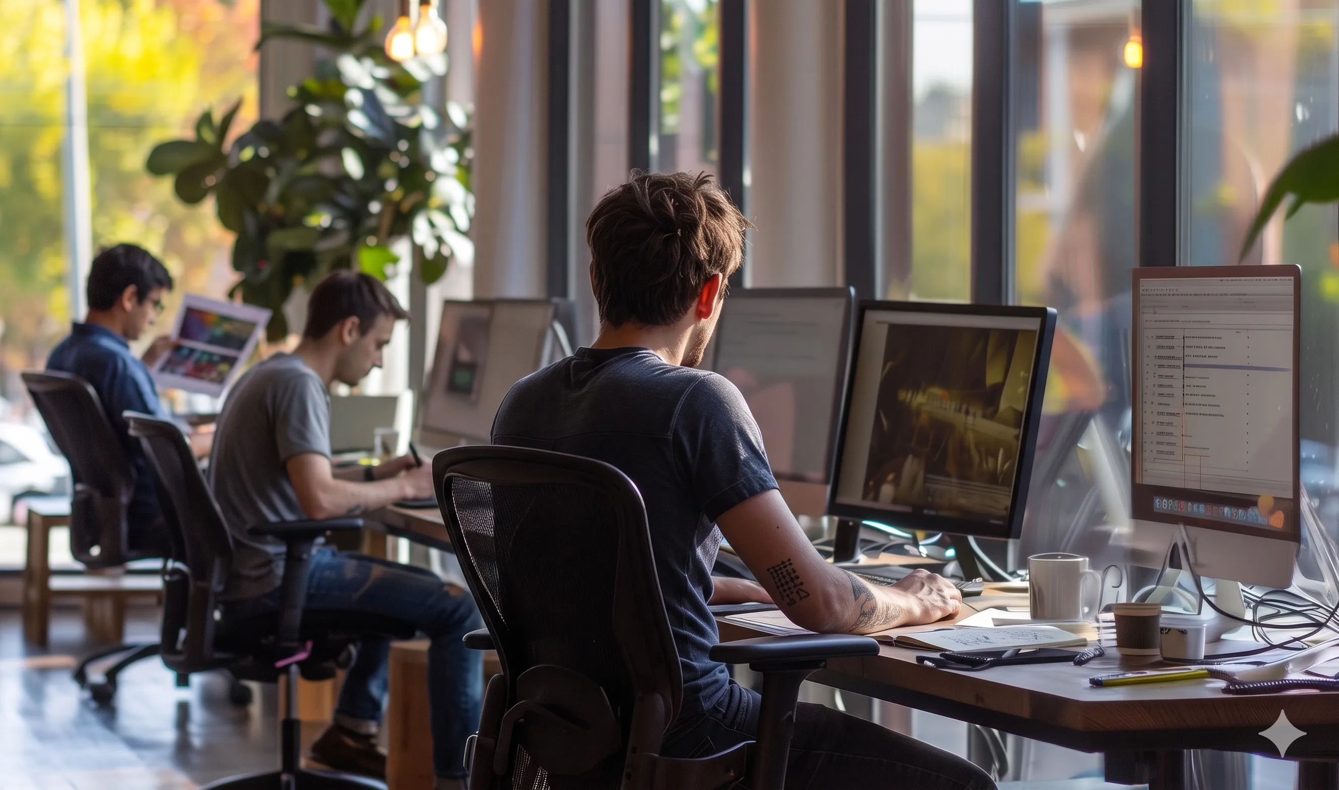 Equipo en oficina con monitores múltiples, gestión SaaS simplificada de SIGMA